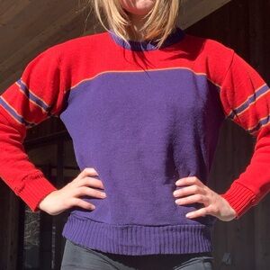Vintage 70s retro blue and red knit crewneck ski sweater.